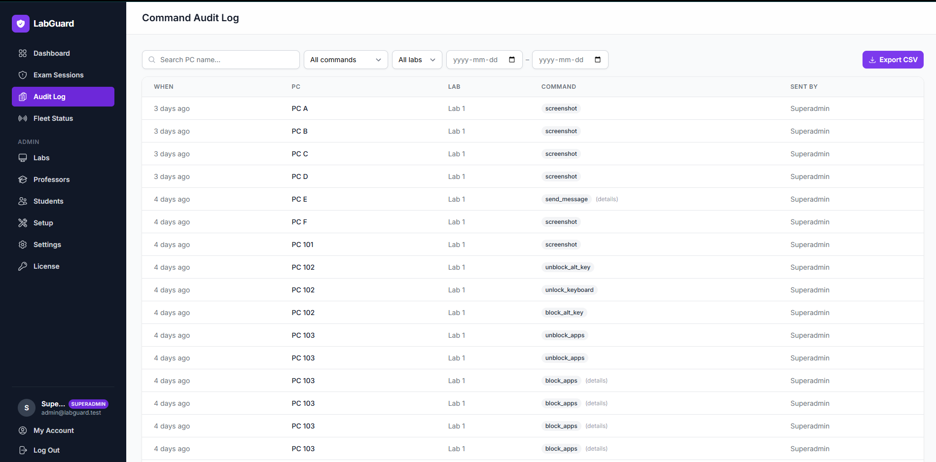 LabGuard command audit log showing a searchable history of every command sent