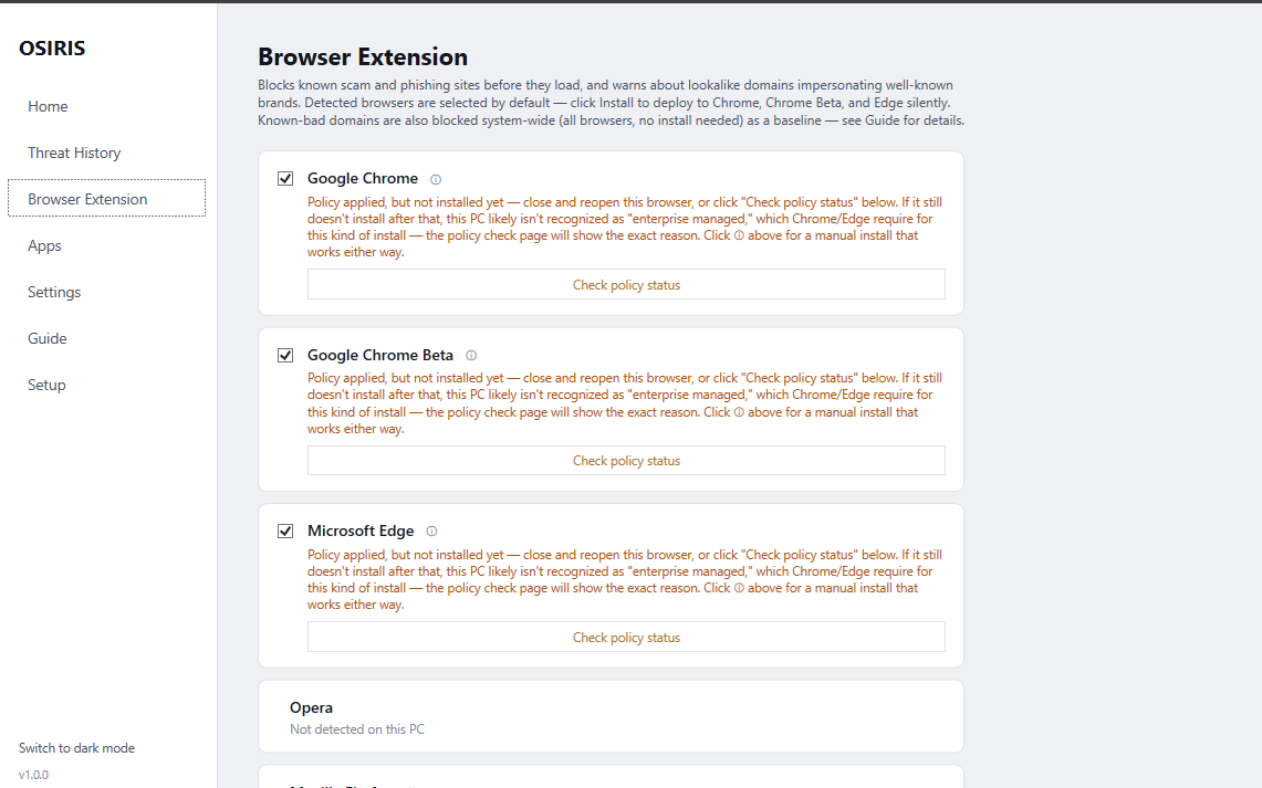 OSIRIS client app Browser Extension page for installing protection into Chrome and Edge