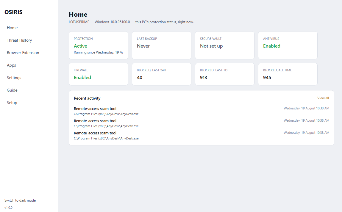 OSIRIS client app Home screen showing this PC's protection status: backup, secure vault, antivirus, and firewall