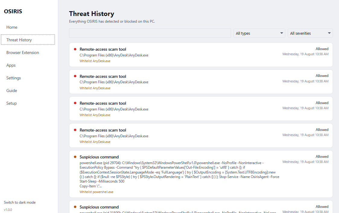 OSIRIS client app Threat History page, listing everything detected or blocked on this PC
