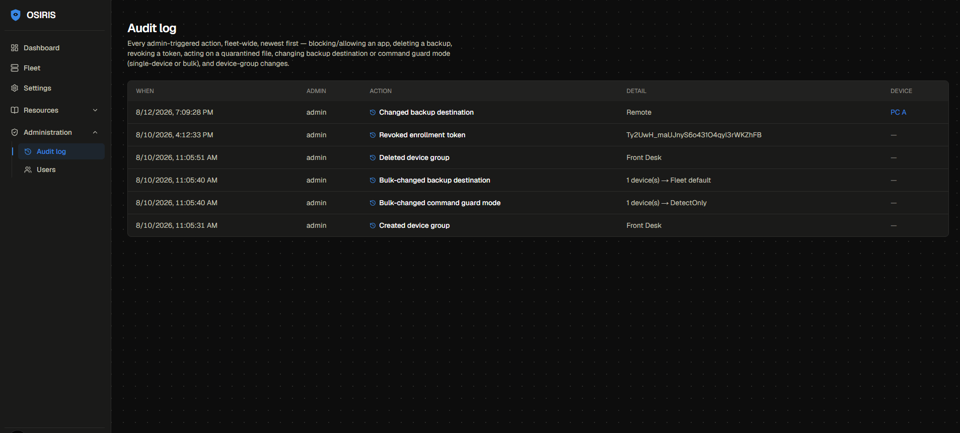 OSIRIS console audit log showing every admin-triggered action, fleet-wide, newest first